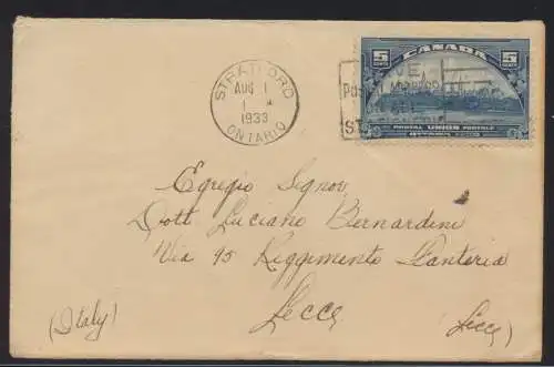 Flugpost air mail Brief Canada EF UPU 5c Stratford Ontario nach Lecce Italien