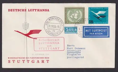 Flugpost Brief Air Mail Bundesrepublik Lufthansa München Stuttgart 1955