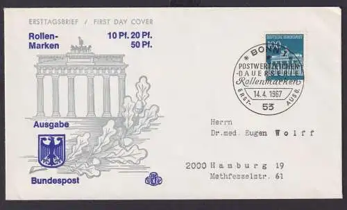 Bund Berlin schöner Umschlag Brandenburger Tor Bonn Hamburg FDC Rollenmarke