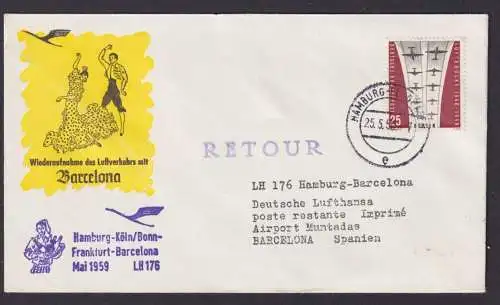 Flugpost Brief Air Mail Lufthansa LH 176 Bundesrepublik Hamburg Barcelona 1959