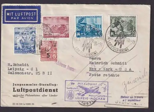 Flugpost Brief Air Mail DDR Leipzig Sonderfug Messe Mockau New York USA 1955