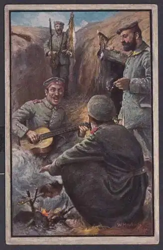 Ansichtskarte Musik Soldaten im Schützengraben Musizieren Künstlerkarte Sign.