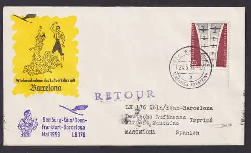 Flugpost Brief Air Mail Lufthansa dekor. Beleg Hamburg Köln Barcelona Spanien