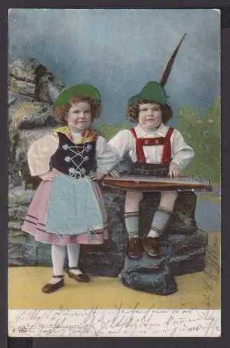 Ansichtskarte Kinderpaar in Tracht mit Zither geprägt 1908 Sonthofen Bayern