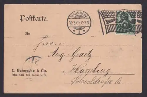 Flaggenstempel Mannheim Hamburg Deutsches Reich Brief Postkarte EF Germania 1905