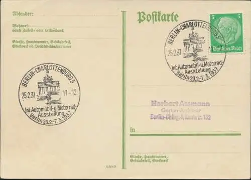 Deutsches Reich Postkarte 515 X guter SST Auto u. Motorrad Ausstellung Berlin