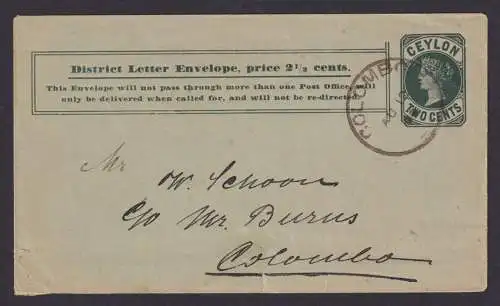 Ceylon Sri Lanka Ganzsache Cover Queen Victoria Colombo