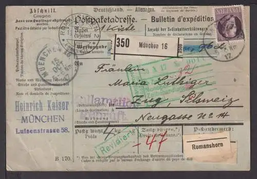 Altdeutschland Bayern Brief EF 80 Pfg. Paketkarte München Zug Schweiz Romanshorn