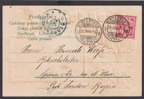 Schweiz Winterthur tolle Wappen Prägekarte an die Spinnerei bei Ulm 21.9.1904