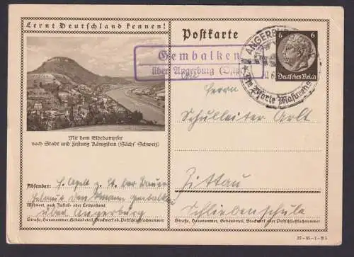 Deutsches Reich Ganzsache Landpoststempel Gembalken über Angerburg Ostgebiete