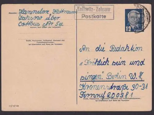 Kolkwitz Zahzow über Cottbus Brandenburg DDR Ganzsache Landpoststempel n. Berlin