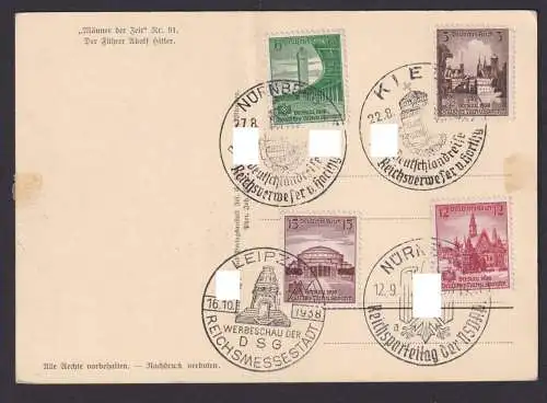 Briefmarken Deutsches Reich Sonderstempel Kiel Nürnberg Leipzig Sammelkarte