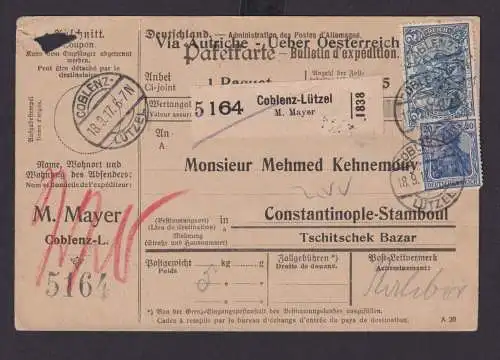 Deutsches Reich Brief Paketkarte Destination Coblenz Lützel mit Eindruck via