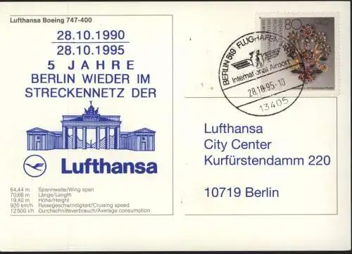 Bund Karte Flugpost Lufthansa Boing Motiv Berlin Brandenburger SST auf Postkarte