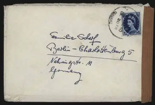 Großbritannien Brief EF n. Berlin mit Postaufkleber Motiv Post Beschädigung 1960