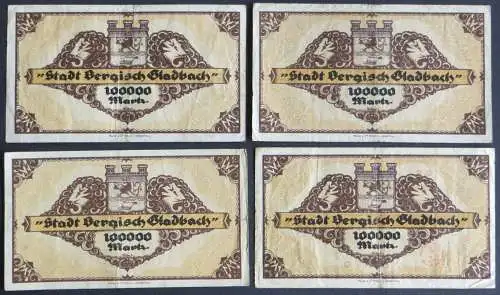 4x Geldschein Banknote Notgeld Bergisch Gladbach 100000 Mark 20.07.1923