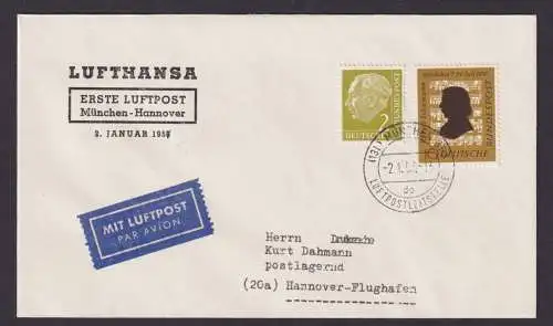 Flugpost Brief Air Mail Bund MIF Heuss u.a. Luthansa München Hannover 2.1.1957