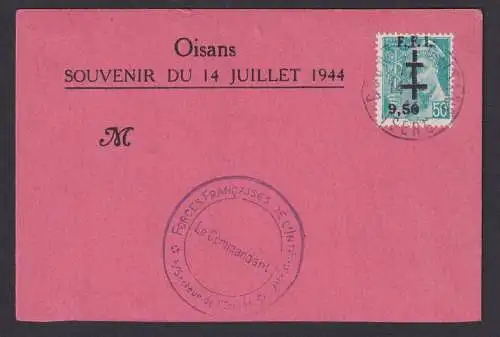 Frankreich Oisans Souvenir du 14 Juillet 1944 Aufdruck F.F.I. 9,50 auf 50c