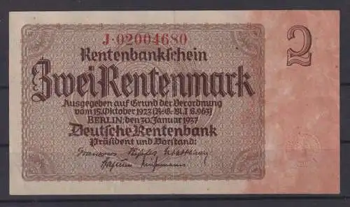 Geldschein Banknote 2 Rentenmark Rentenbank Berlin 8 stellige Nummer 30.1.1937