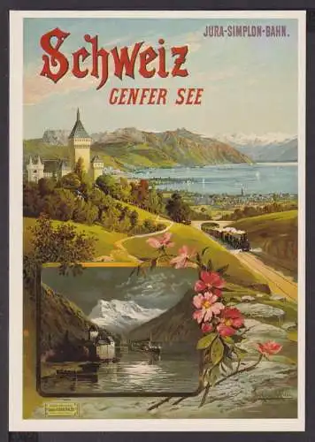 Werbung Reklame Künstler Ansichtskarte Schweiz Genfer See Jura-Simplon-Bahn 1895