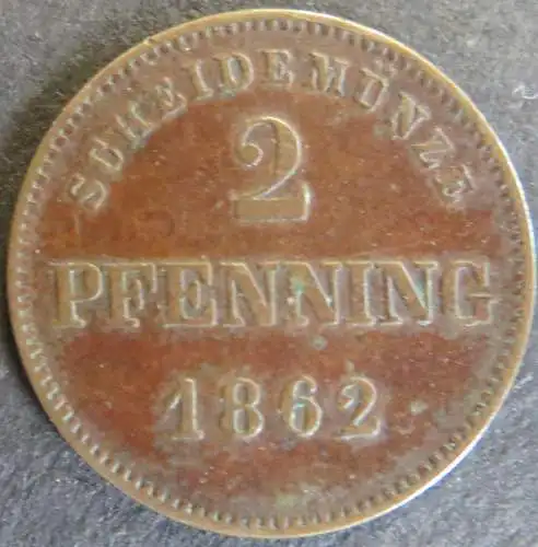 Münze Bayern 1862 - 2 Pfenning Scheidemünze Gekrönter Schild ss