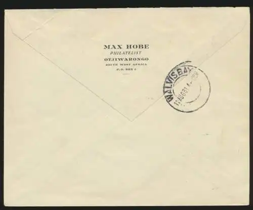 Flugpost air mail Africa Namibia Erstflug ein Tag verschoben Brief 1p vom Rand +