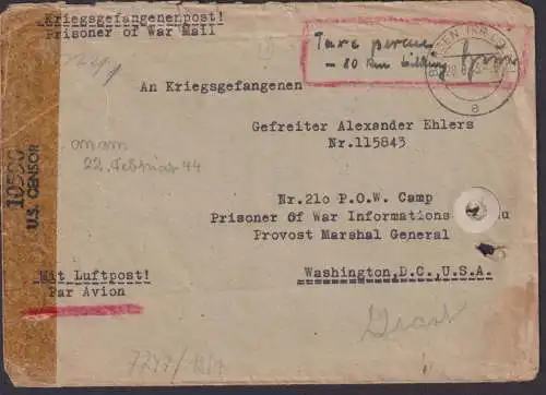 Kriegsgefangenenpost Zensur Brief USA Washington ab Bergen Celle Hannover