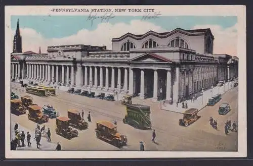 Ansichtskarte KünstlerkarteNew Yotk Pennsylvania Station Oldtimer Strassenbahn