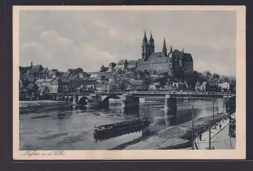 Ansichtskarte Meißen Elbe Fluß Brücke Burg Frachtschiff Sachsen ab Marsdorf