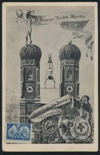 Deutsches Reich Privatganzsache München 13. Turnfest Frauenkirche +selt.Vignette