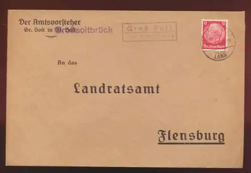 Landpoststempel Groß Solt über Flensburg Schleswig Holstein Deutsches Reich EF