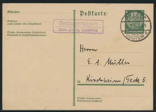 Deutsches Reich Ganzsache Landpoststempel Lammershagen über Preetz n. Kirchheim