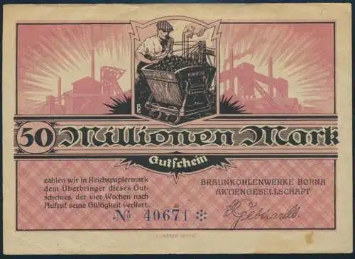 Geldschein Banknote Braunkohlenwerke Borna 50 Millionen Mark