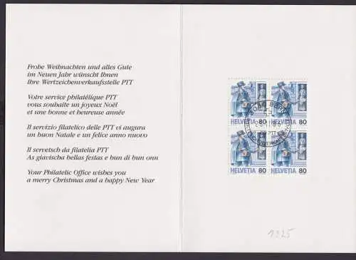 Schweiz Viererblock 1325 Post Postbote Weihnachten hübsche Klappkarte 1986