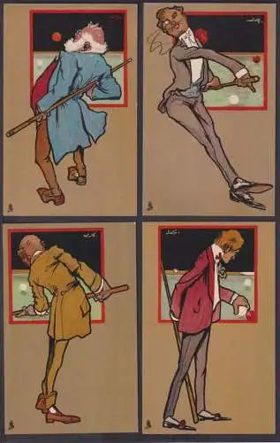 Ansichtskarte Sport Billard sign L.S. Serie von 6 tollen Art Deco Künstlerkarten