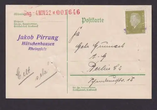 Deutsches Reich EF Ebert Reichspräsident nur mit Datumsstempel Hütschenhausen