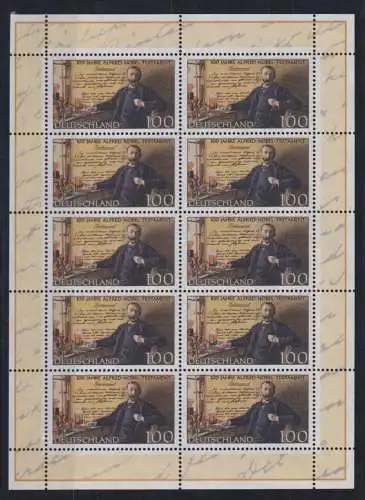 Bund Kleinbogen Zehnerbogen 1828 Alfred Nobel Testament postfrisch MNH Kat 16,00