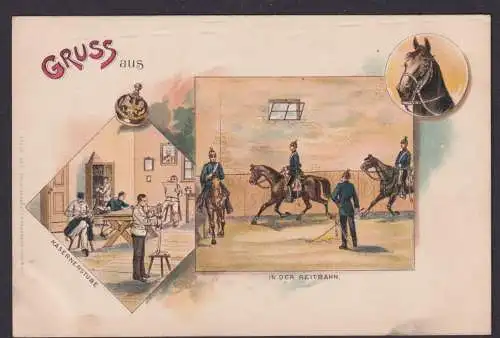 Litho Ansichtskarte Kasernenstube Reitbahn Soldaten Pferde Sport Reitsport