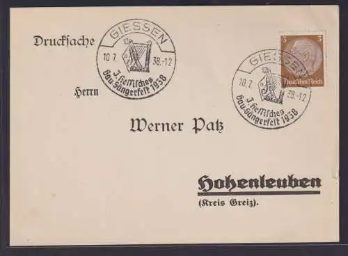 Deutsches Reich Giessen Sonderstempel 3. Hessisches Gau Sängerfest n Hohenleuben