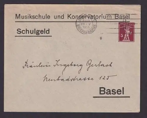 Schweiz Privatganzsache Musik Musikschule Basel bzgl. Schulgeld 5c Tell Umschlag