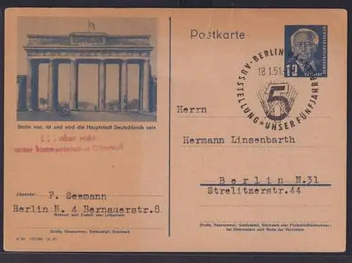 Briefmarken DDR Pieck Bild Ganzsache Berlin Brandenburger Tor inter. roter L2