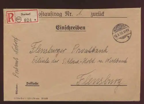 Postsache Bund Postauftrag Nr. 1 ab Nortorf per Einschreiben nach Flensburg