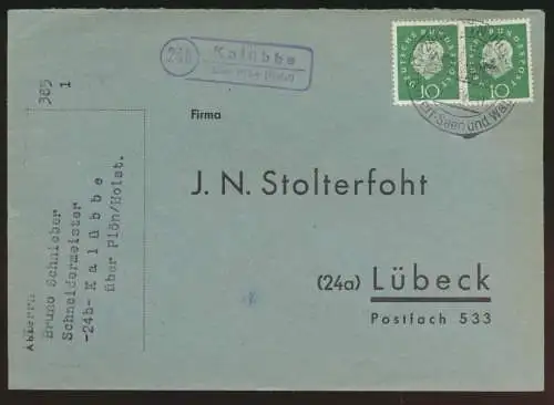 Landpoststempel Kalübbe über Plön Schleswig Holstein Brief Bund MEF Heuss