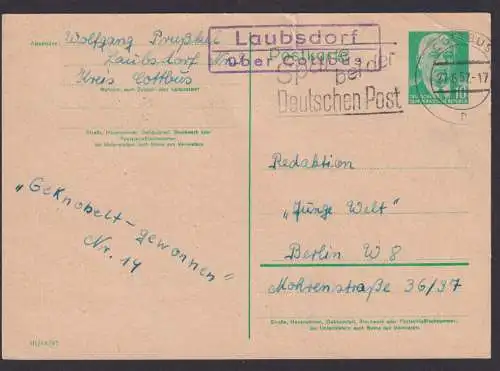 Laubsdorf über Cottbus Brandenburg DDRPostkarte Landpoststempel n. Berlin