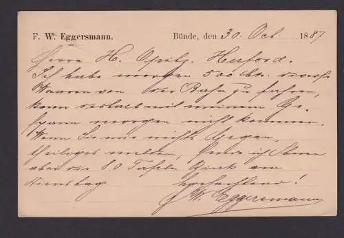 Bünde NRW R3 Westfalen Deutsches Reich Ganzsache nach Herford 30.10.1887