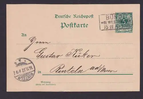 Bünde NRW R3 Westfalen Deutsches Reich Reichspost Ganzsache n Rinteln 15.11.1897