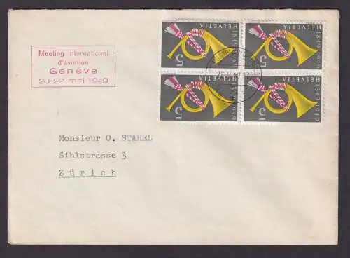 Briefmarken Schweiz Brief Viererblock Posthorn Genf Zürich 1949