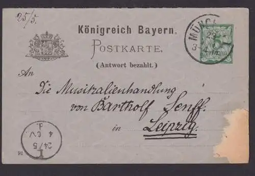 Altdeutschland Bayern Antwort Ganzsache 5 Pfg München Leipzig 1891