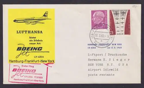 Bund Berlin Brief Flugpost Airmail Heuss ua Frankfurt Main New York Idlewild USA