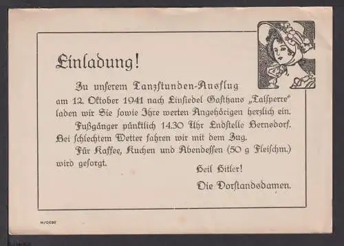 Ansichtskarte Einladung Tanzstunden Ausflug 1941 Einsiedel Sachsen